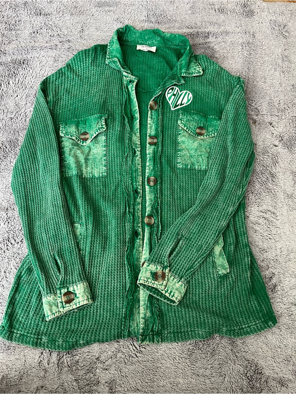 Women’s size small Zenana eagles Green Textured Button-Up  with Patch Detail